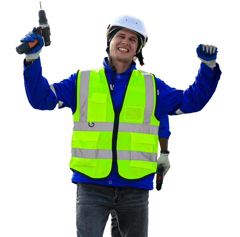 Roofer in a hi-vis vest raising both arms