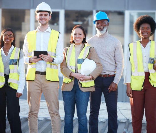 Team of roofers in hi-vis vests and hard hats