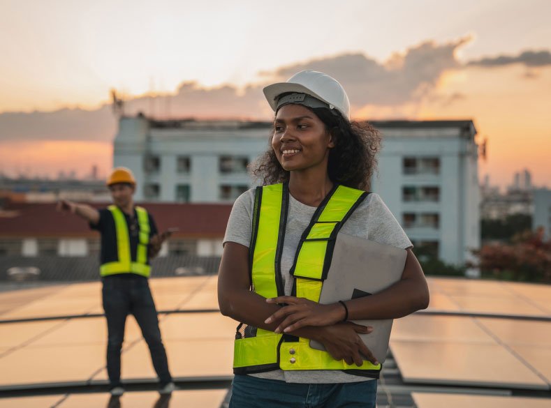 Two roofers in hi-vis vests on a flat roof at sunset