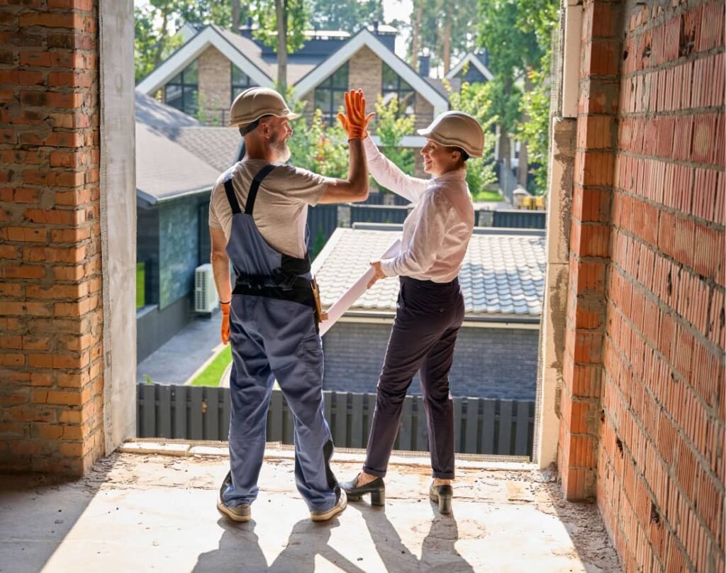 Two roofers celebrating a finished roof repair job